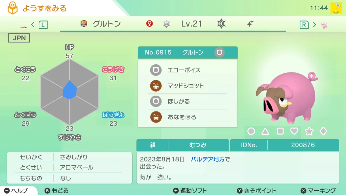 Pokémon HOME のようすをみる画面に表示された色違いグルトン